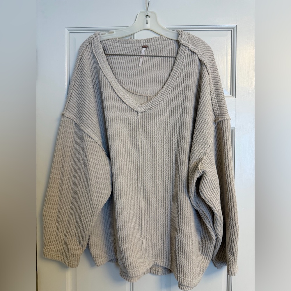 Free People Oversized Ribbed V-Neck Sweater in Light Taupe